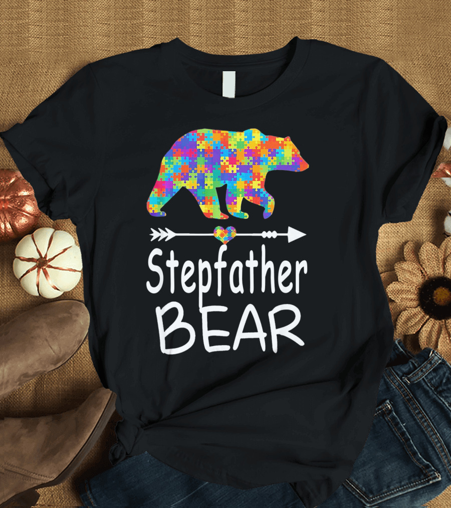 Stepfather Bear Puzzle Pattern Autism Awareness Family T-Shirt