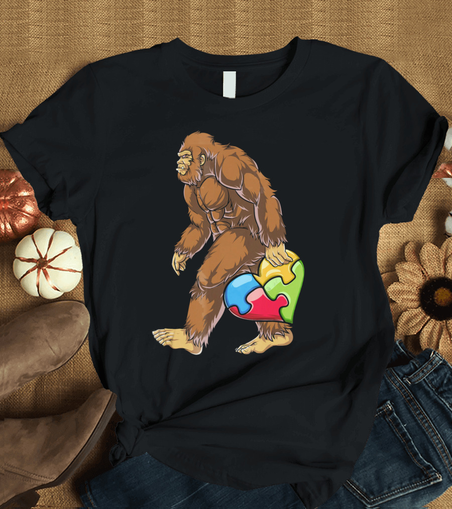Bigfoot Holding Puzzle Piece Heart Autism Awareness T-Shirt