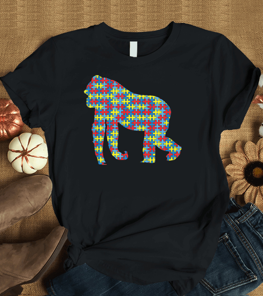 Gorilla Autism Awareness Puzzle Pattern Kids Ape Animal T-Shirt