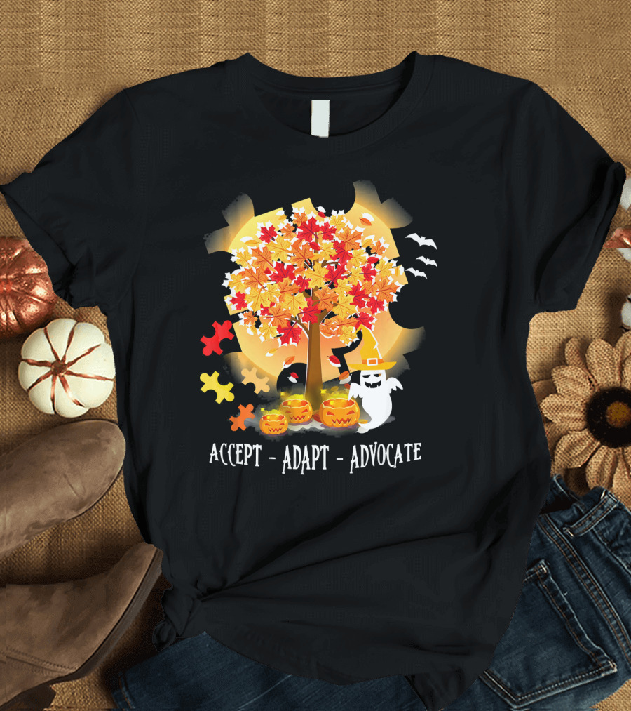 Accept Adapt Advocate Halloween Autism Awareness Ghost Pumpkin Puzzle Bats T-Shirt