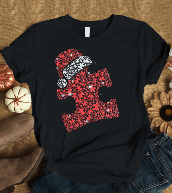 T-Shirt: Puzzle Pieces Santa Hat Autism Awareness T-Shirt Puzzle Pieces Santa Hat Autism Awareness T-Shirt