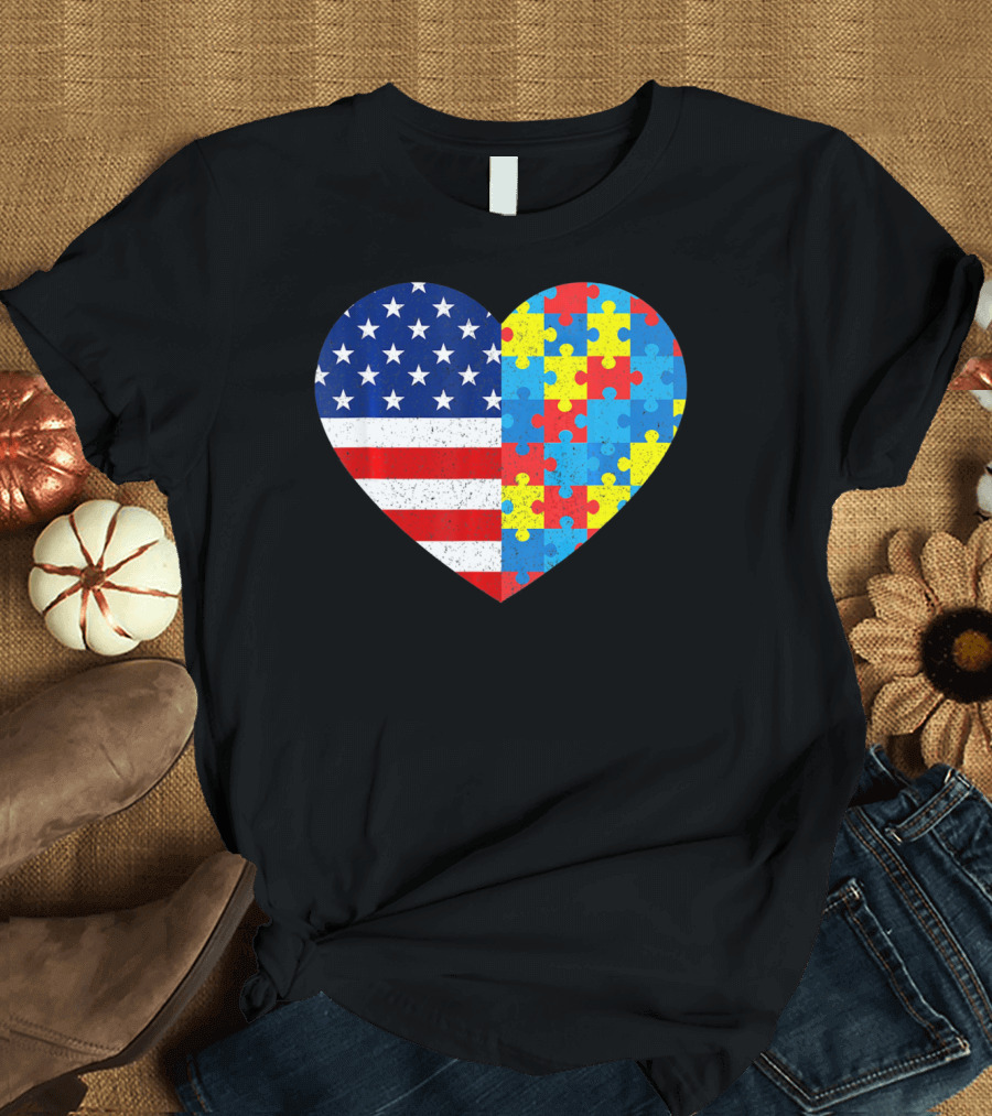American Flag Heart Autism Awareness Puzzle Piece T-Shirt