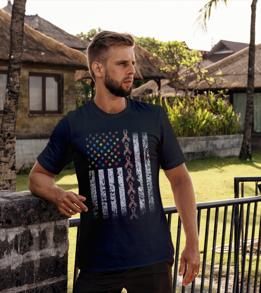 USA Flag With Autism Awareness Ribbon T-Shirt