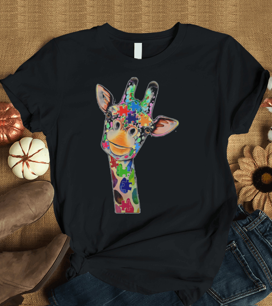 Cute Giraffe with Colorful Puzzle Pieces for Happy Autism Day Awareness T-Shirt