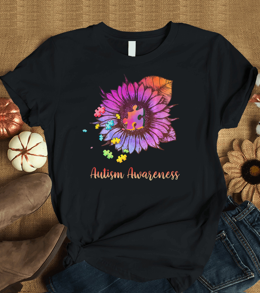 Autism Awareness Puzzle Ribbon Sunflower Hippie T-Shirt