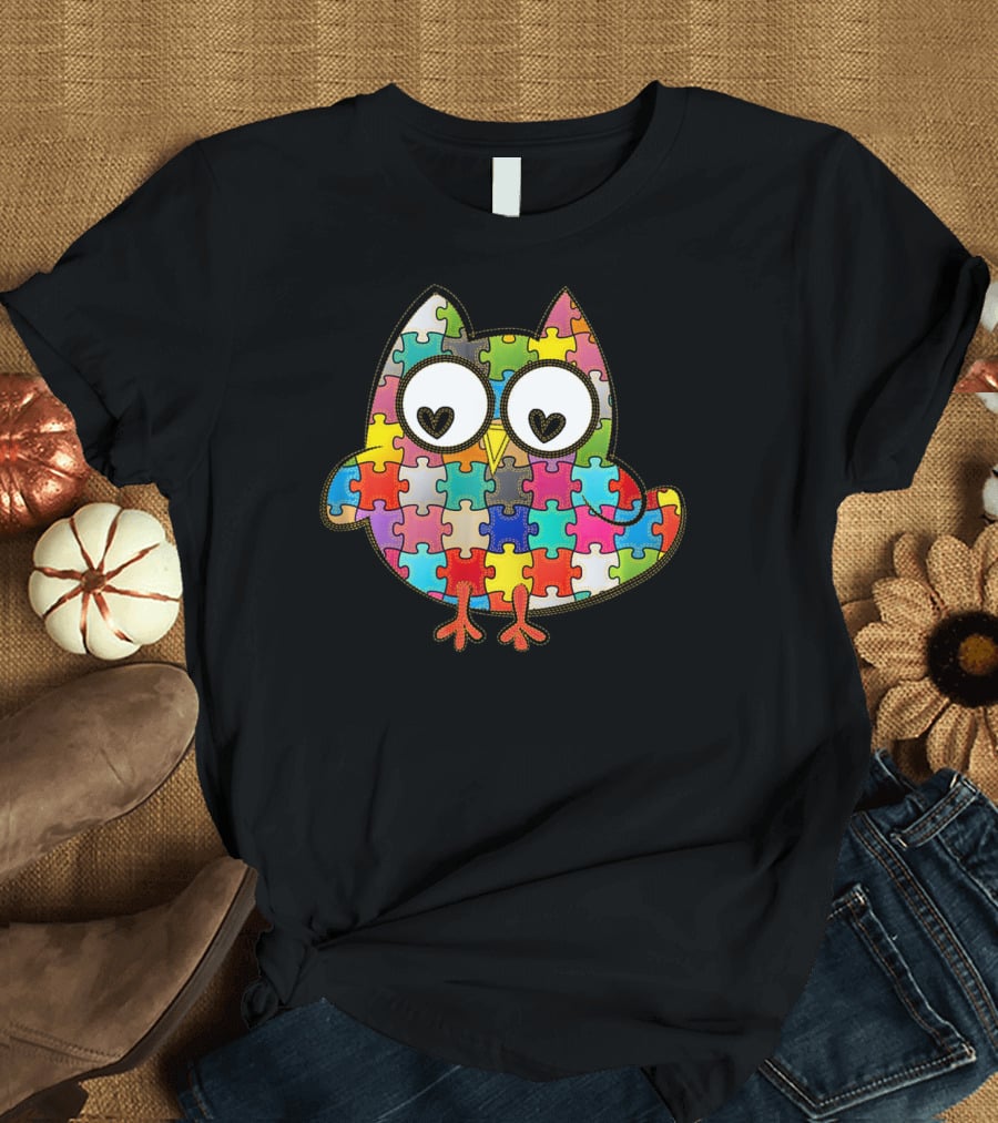 Autism Owl Puzzle Heart Eyes Autism Awareness Month T-Shirt
