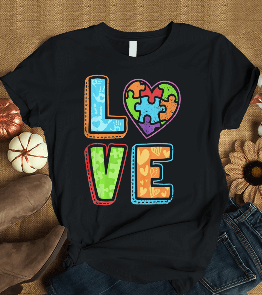 LOVE Heart Autism Awareness Puzzle Handprints T-Shirt