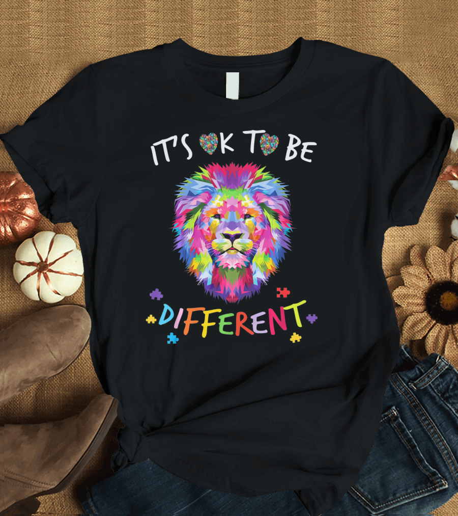 Autism Awareness It's OK to Be Different Colorful Lion Puzzle Pieces T-Shirt