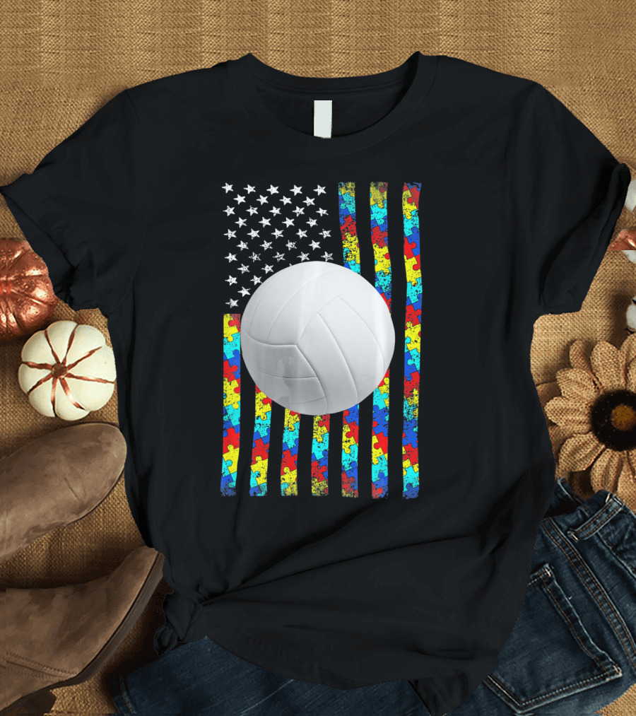 Autism Awareness Puzzle Flag Volleyball American Flag T-Shirt