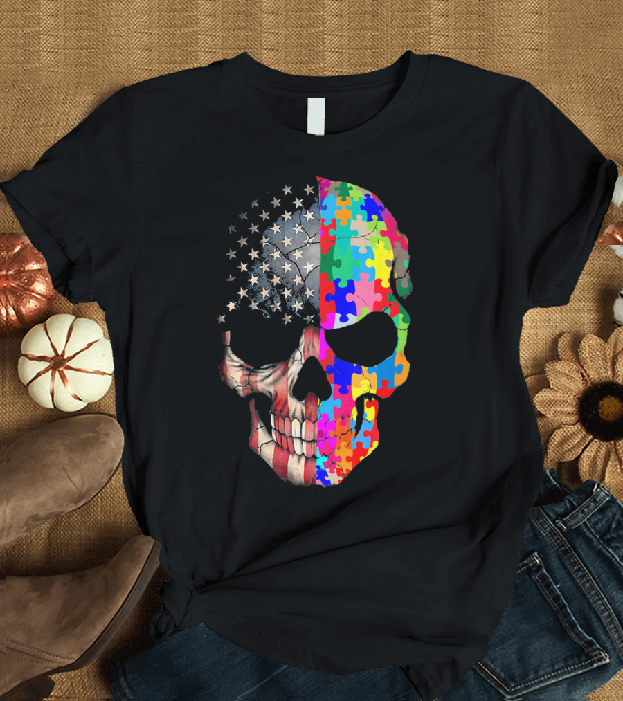 American Flag Autism Awareness Skull Puzzle Pieces Sku T-Shirt