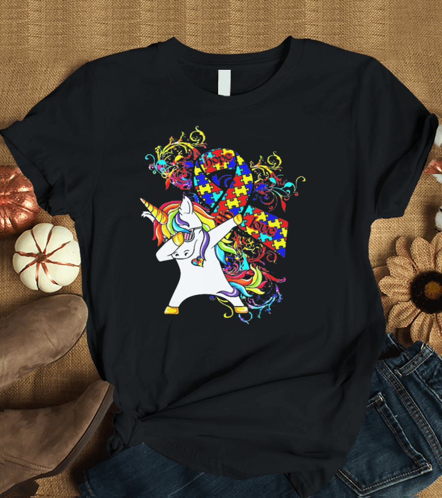 Unicorn Dabbing Hope Love Autism Awareness Puzzle T-Shirt