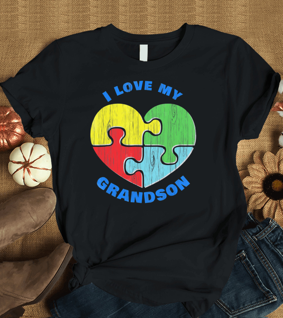 I Love My Grandson Puzzle Heart Autism Support T-Shirt