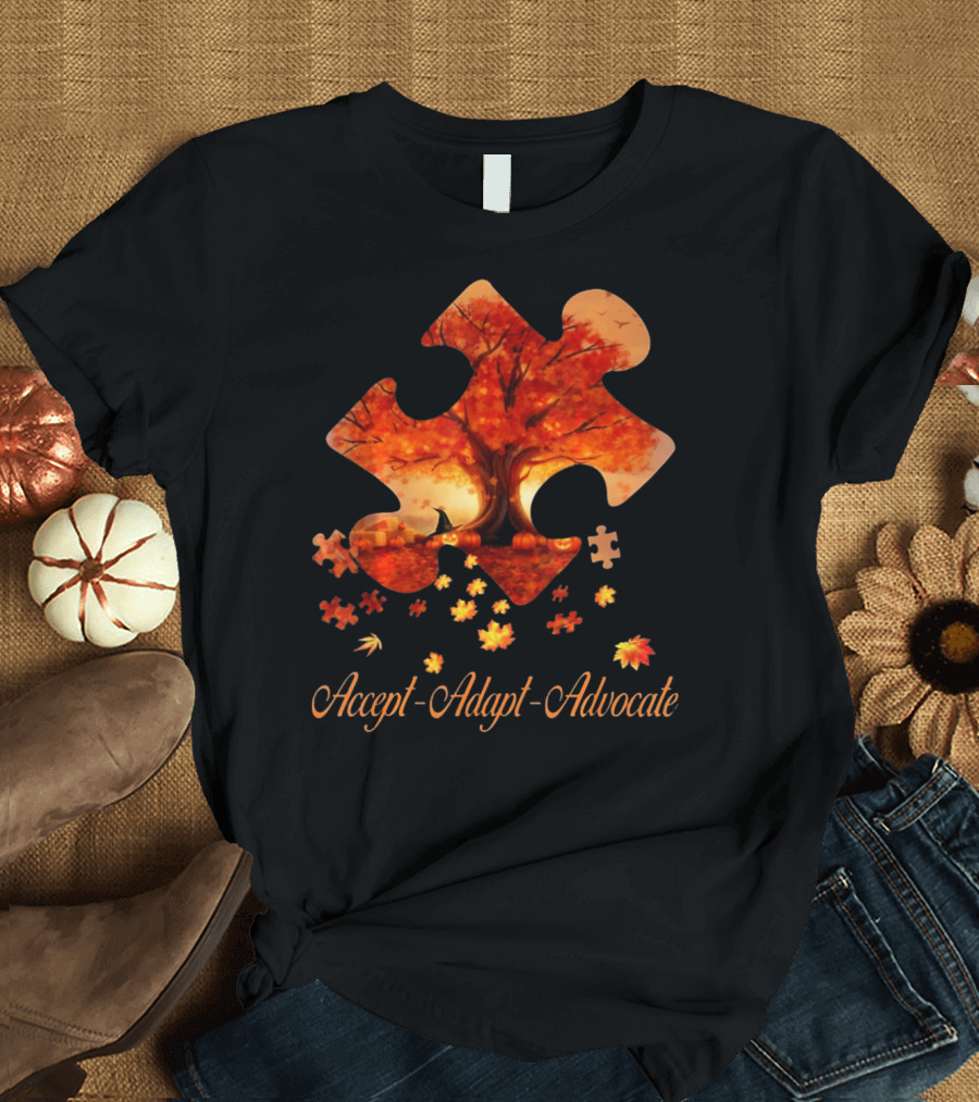 Accept Adapt Advocate Puzzle Autumn Leaves Autism Awareness T-Shirt