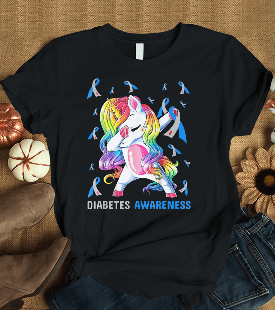 Diabetes Awareness Unicorn with Colorful Dabbing Pose and Ribbons T-Shirt