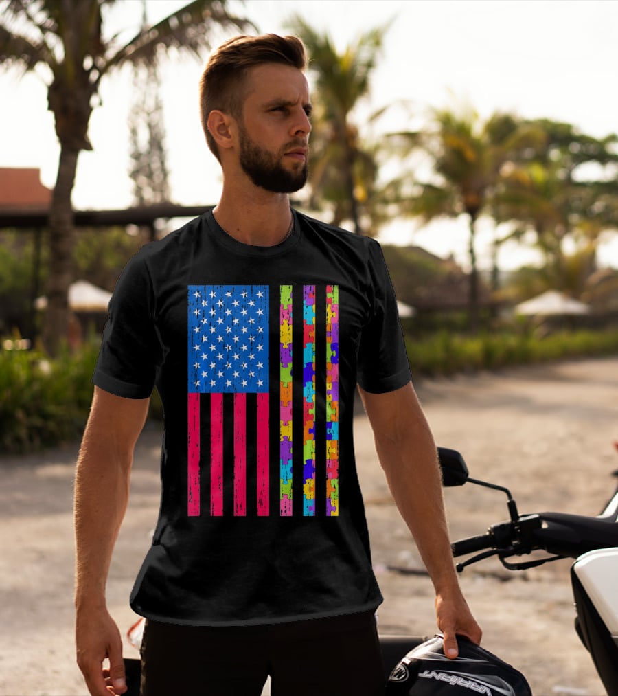 Autism Puzzle Piece American Flag USA T-Shirt
