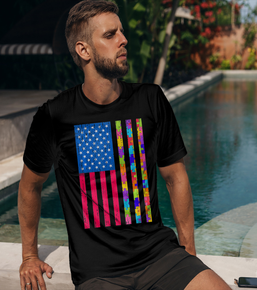 Autism Puzzle Piece American Flag USA T-Shirt