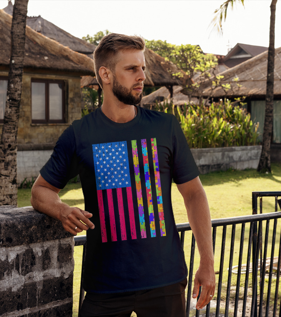 Autism Puzzle Piece American Flag USA T-Shirt