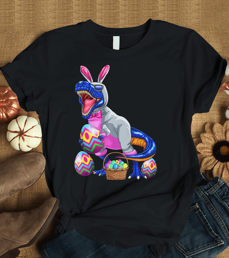 Easter Bunny T-Rex Dinosaur with Colorful Eggs T-Shirt