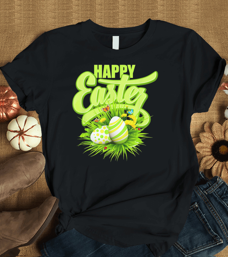 Happy Easter Eggs Green Spring Flowers Butterflies T-Shirt