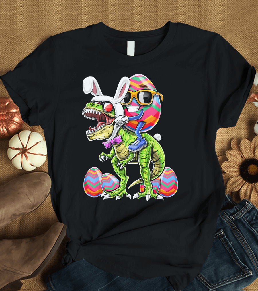 Easter Bunny Dinosaur with Egg Rabbit Ears and Sunglasses T-Shirt