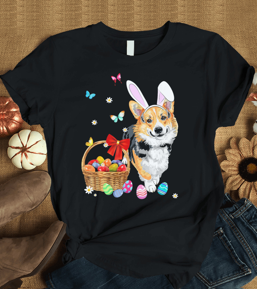 Welsh Corgi Bunny Ear Rabbit Easter Eggs Basket Butterflies T-Shirt