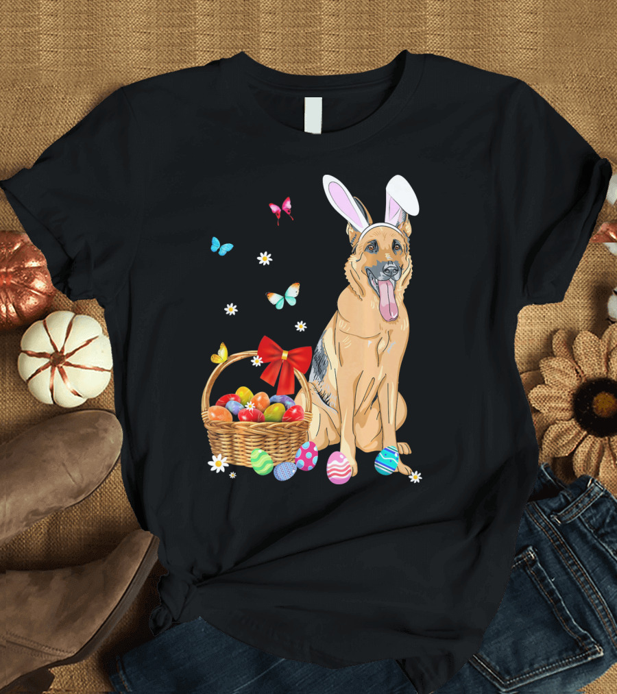 German Shepherd Bunny Ears Rabbit Easter Eggs Basket Butterflies T-Shirt