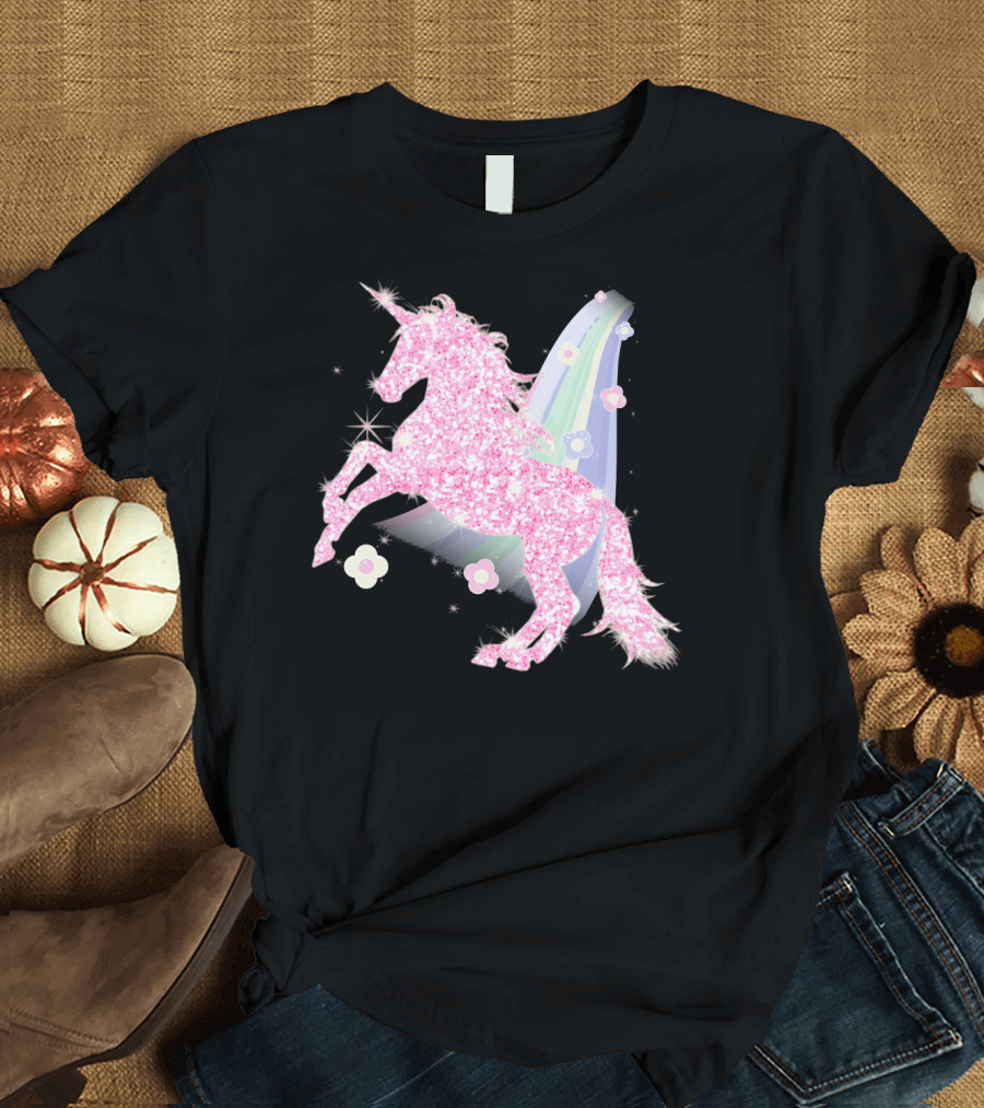 Pink Sparkle Unicorn with Easter Flowers and Rainbow Mane T-Shirt