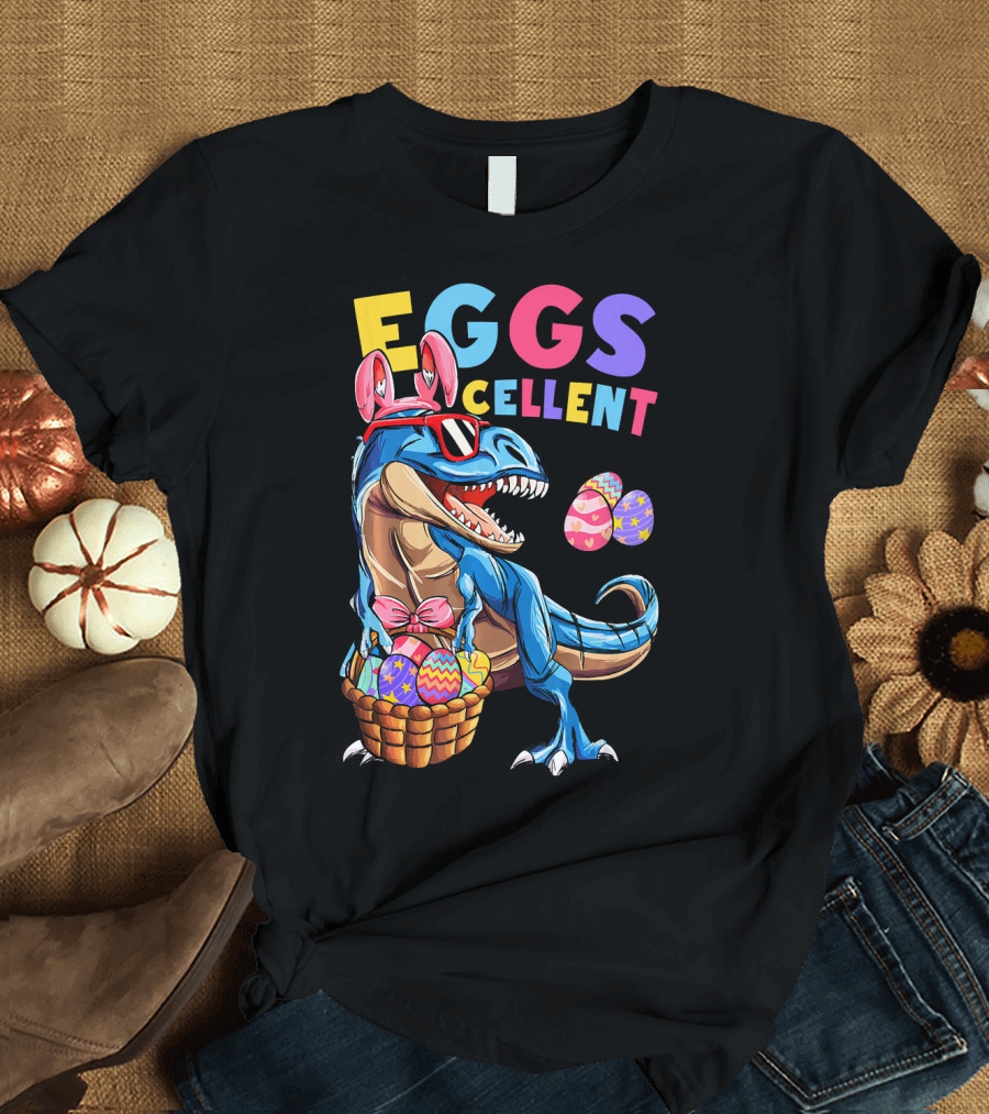 Eggs Cellent Dinosaur Easter Bunny Rex with Colorful Eggs T-Shirt
