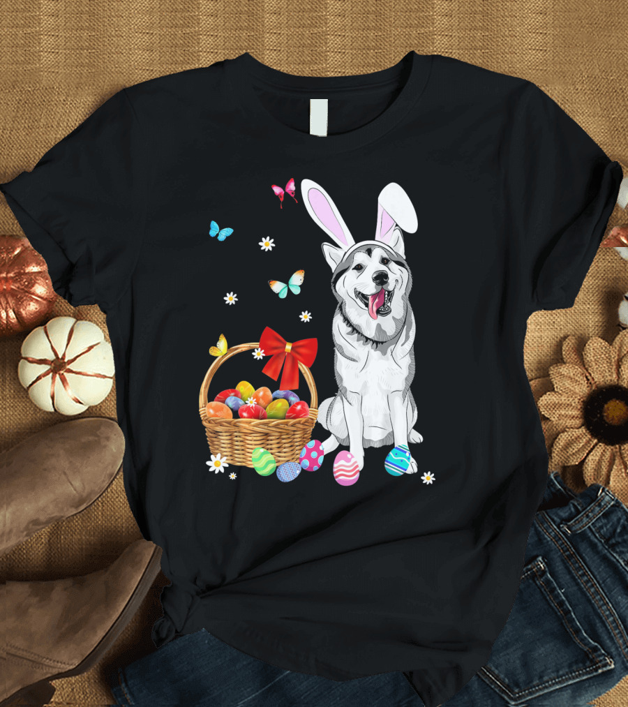Siberian Husky Bunny Ears Easter Basket Eggs Butterflies T-Shirt