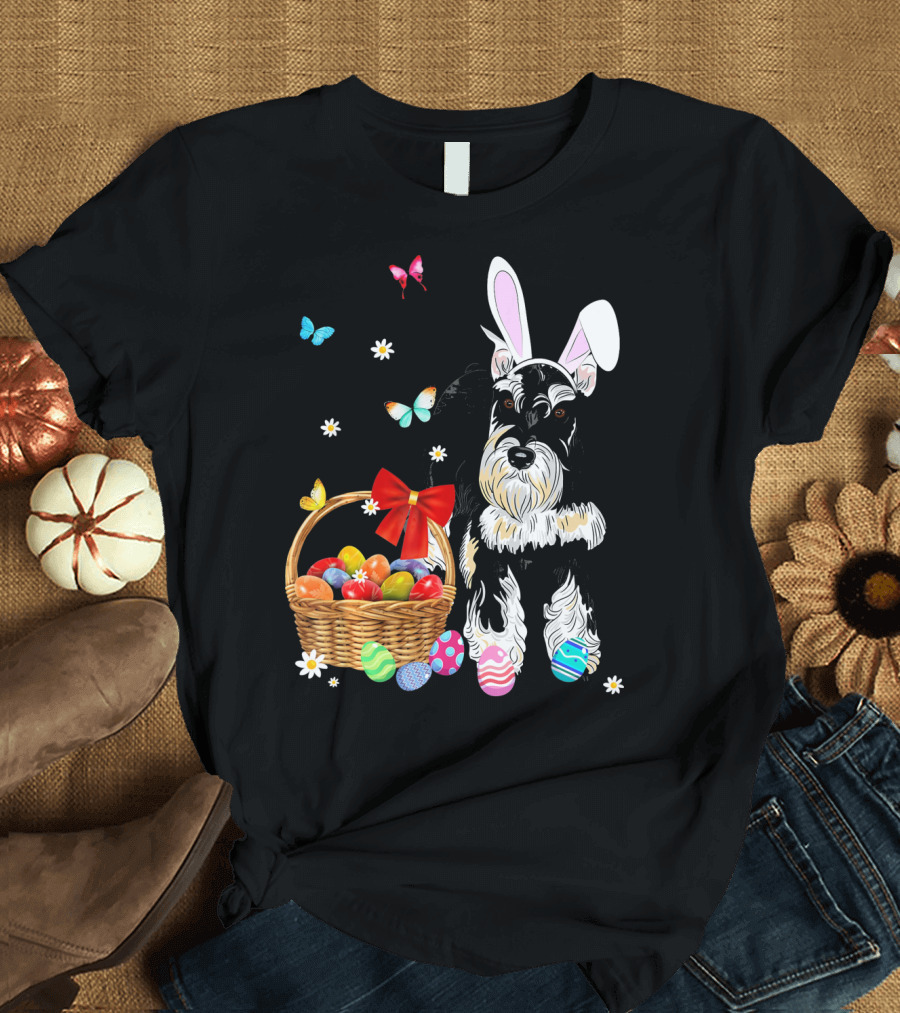 Miniature Schnauzer Bunny Ear with Easter Egg Basket and Butterflies T-Shirt