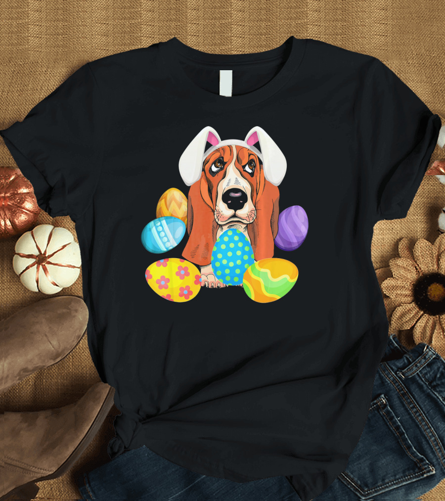 Basset Hound Bunny Rabbit Hat Easter Eggs Playful Scene T-Shirt