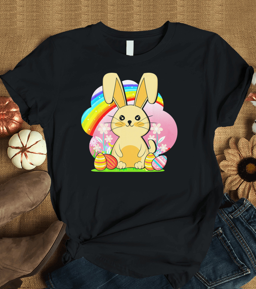 Easter Egg Bunny with Rainbow and Flowers T-Shirt