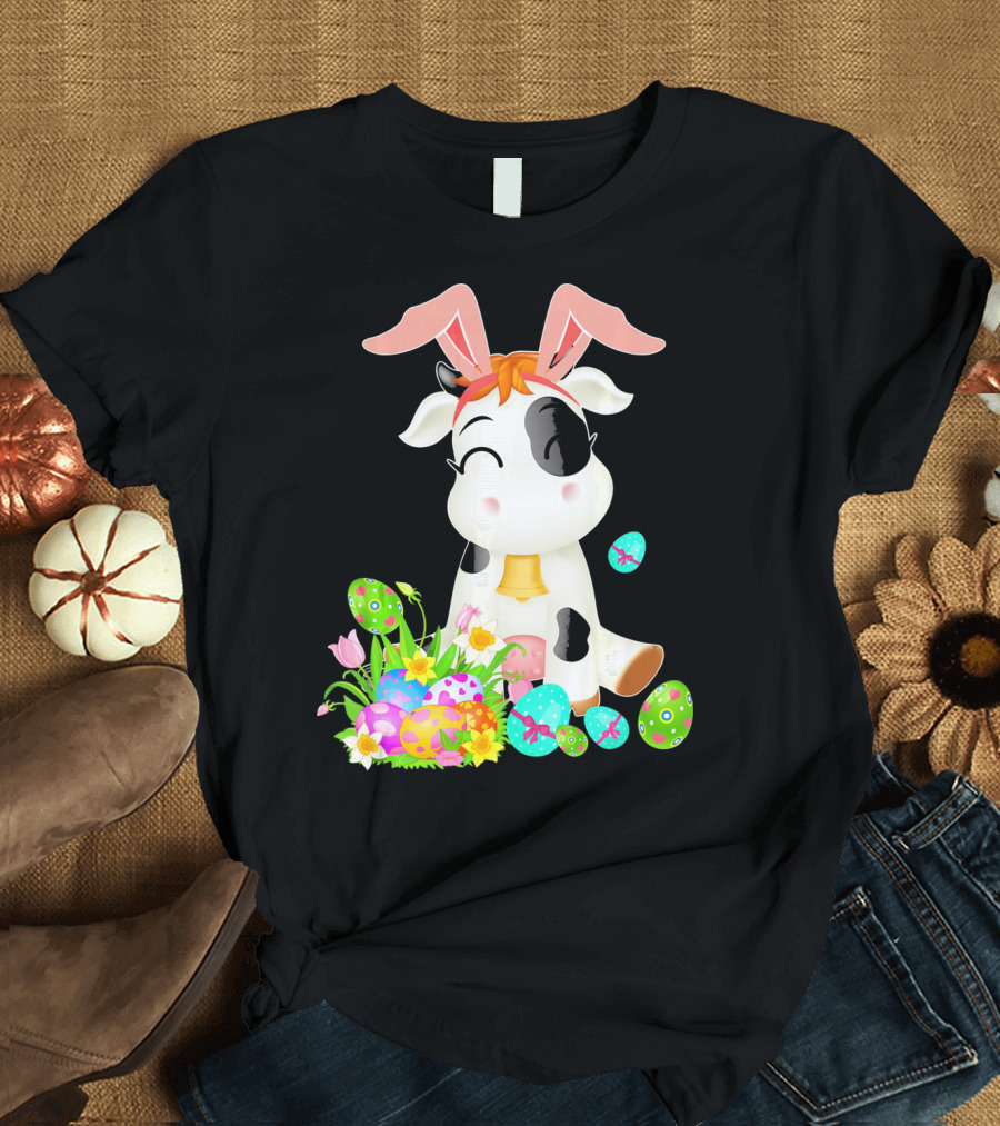 Happy Cow Easter Bunny with Colorful Eggs and Flowers T-Shirt