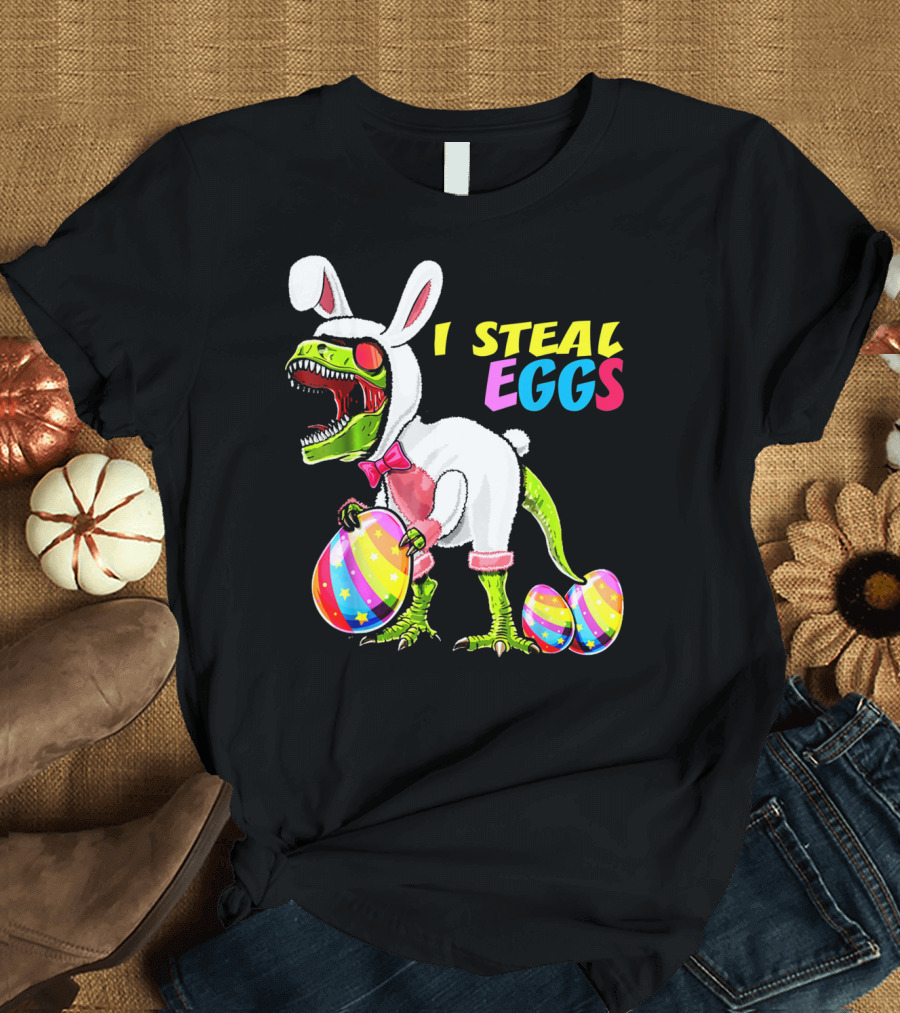 I Steal Easter Eggs Dinosaur Rex Bunny in Costume Holding Colorful Striped Eggs T-Shirt