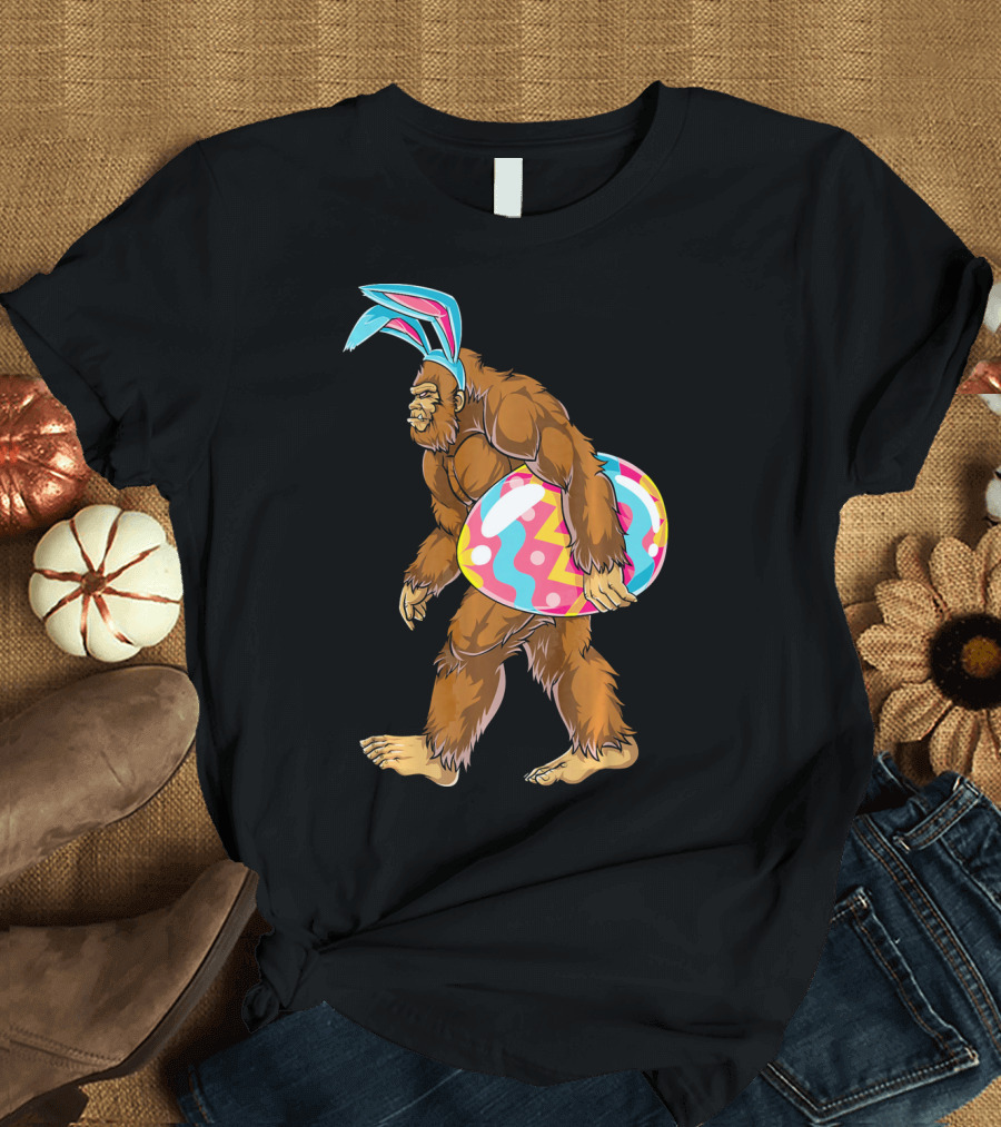 Bigfoot Sasquatch with Easter Bunny Ears and Egg T-Shirt