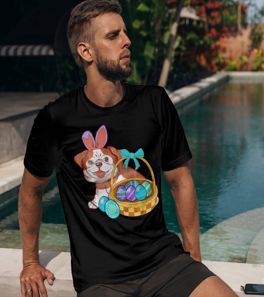 Easter Bulldog Holiday Bunny Ears With Easter Egg Basket T-Shirt