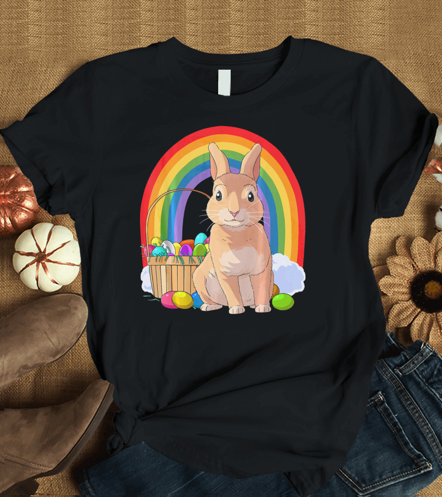 Bunny Rabbit with Easter Eggs and Rainbow for Kids Easter T-Shirt