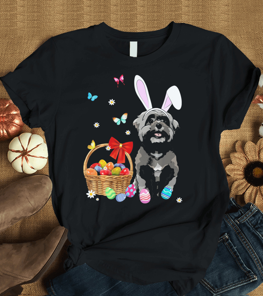 Shih Tzu with Bunny Ears and Easter Egg Basket with Butterflies and Flowers T-Shirt