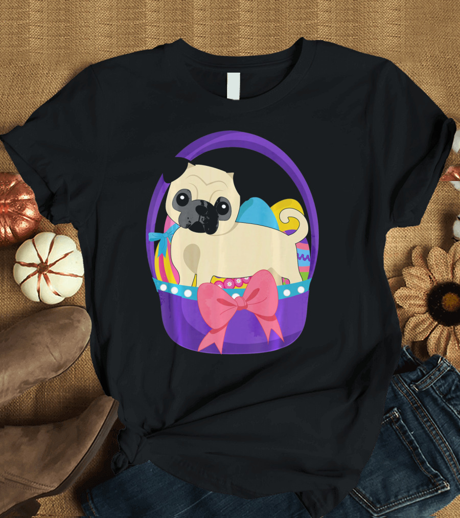 Easter Pug Dog in Colorful Basket with Eggs and Bow T-Shirt