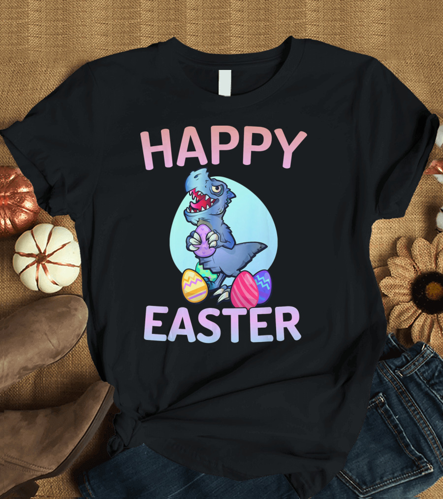 Happy Easter Dinosaur Rex with Colorful Eggs T-Shirt