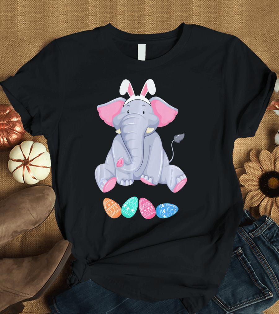 Funny Easter Elephant With Bunny Ears and Colorful Patterned Eggs T-Shirt
