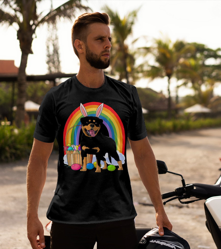 Rottweiler Bunny With Easter Eggs And Rainbow T-Shirt