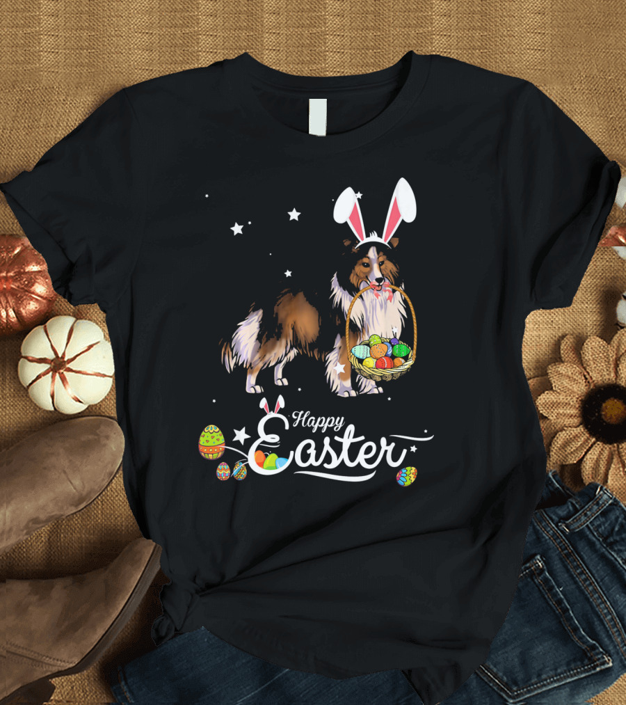 Shetland Sheepdog with Bunny Hat and Easter Eggs Happy Easter T-Shirt