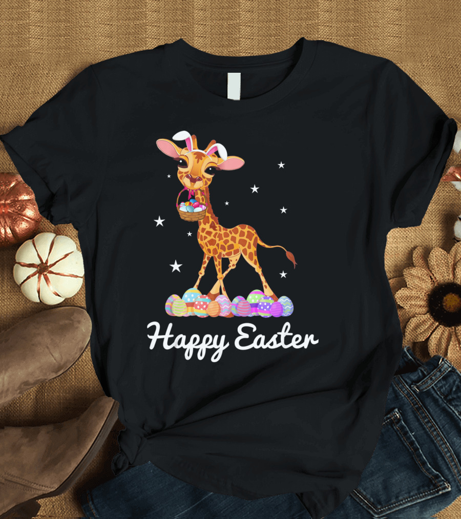 Happy Easter Giraffe with Bunny Ears and Colorful Eggs T-Shirt