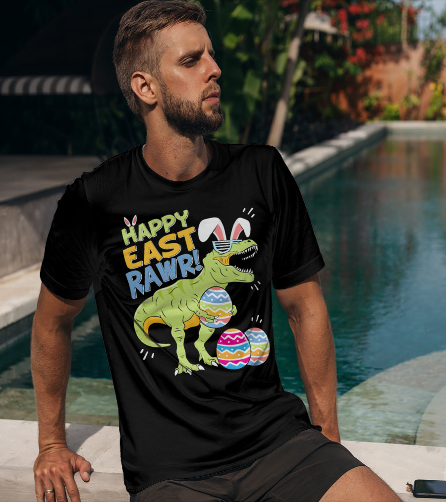 HAPPY EAST RAWR T-Rex Easter Bunny Dinosaur With Eggs T-Shirt