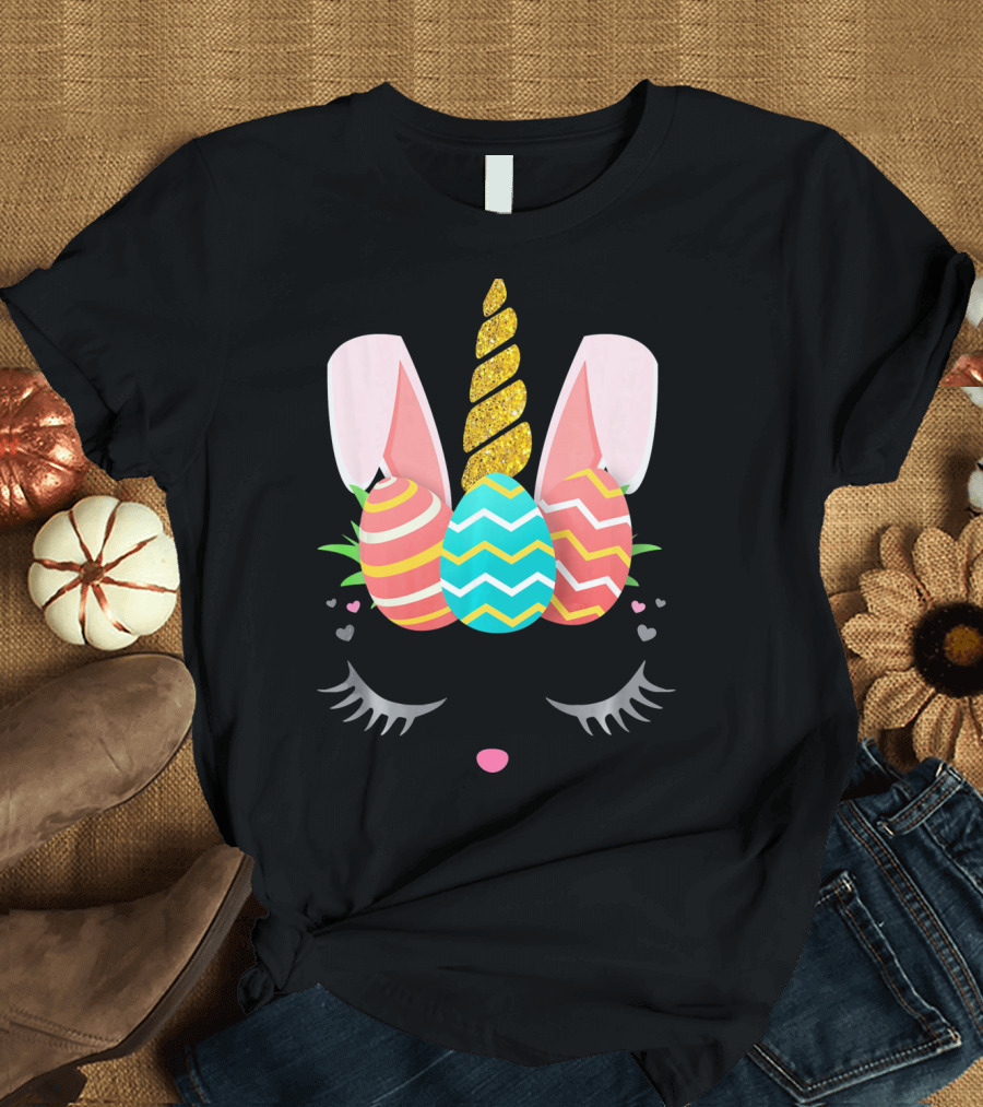 Bunnycorn Easter Bunny Rabbit Face Unicorn Ears Eggs Hearts T-Shirt