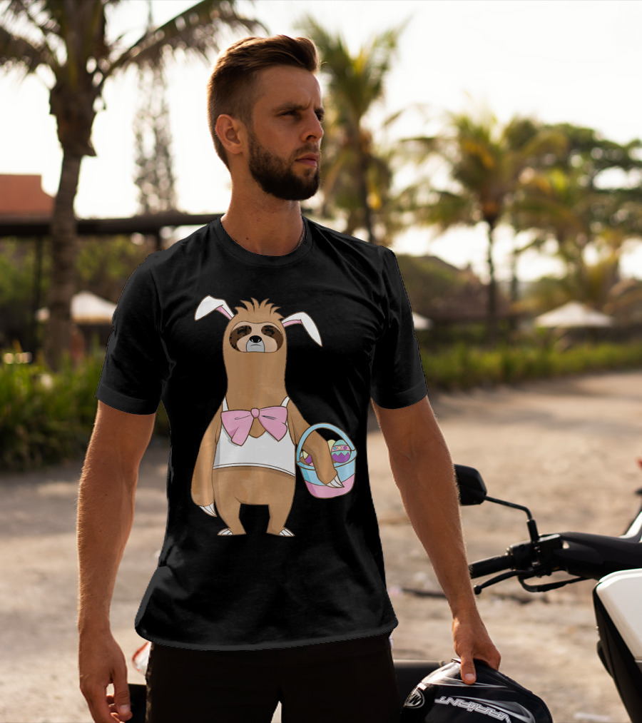 Sloth Easter Bunny Lazy Rabbit With Basket Of Eggs T-Shirt