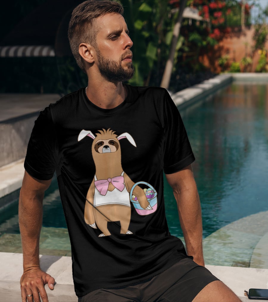 Sloth Easter Bunny Lazy Rabbit With Basket Of Eggs T-Shirt