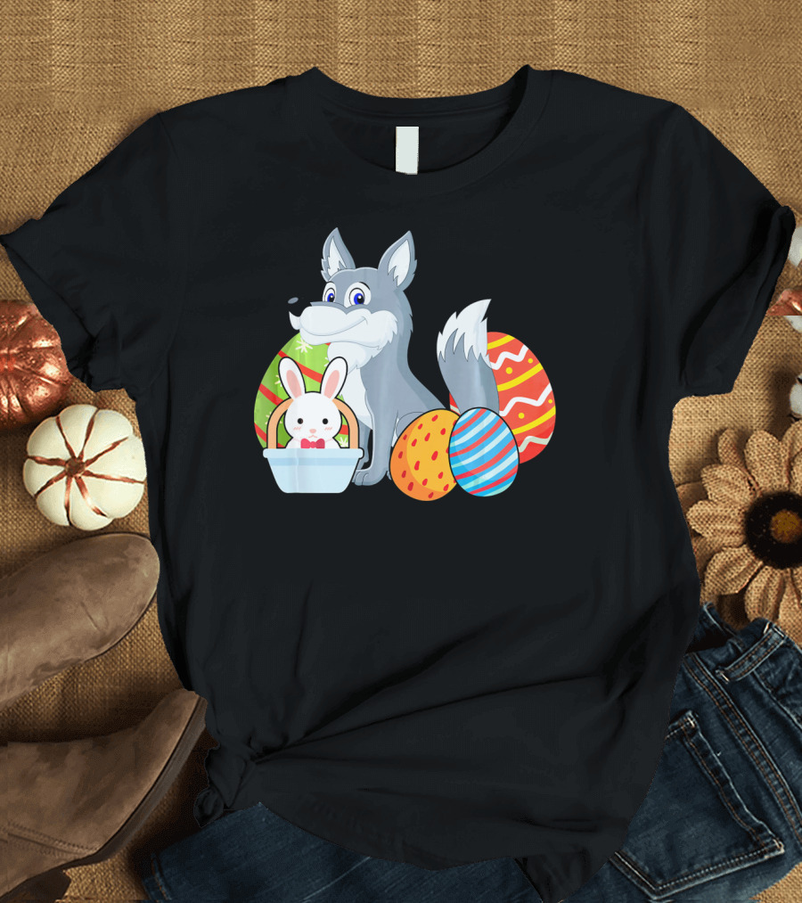 Easter Wolf Happy Bunny with Colorful Eggs T-Shirt