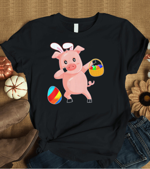 T-Shirt: Easter Bunny Dabbing Pig with Colorful Egg Basket T-Shirt Easter Bunny Dabbing Pig with Colorful Egg Basket T-Shirt